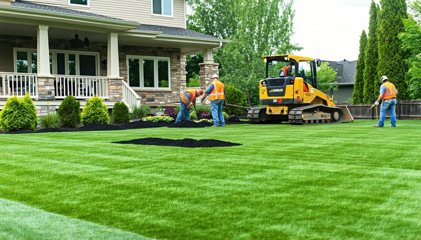 Landscaping crew installing fresh sod in a residential backyard