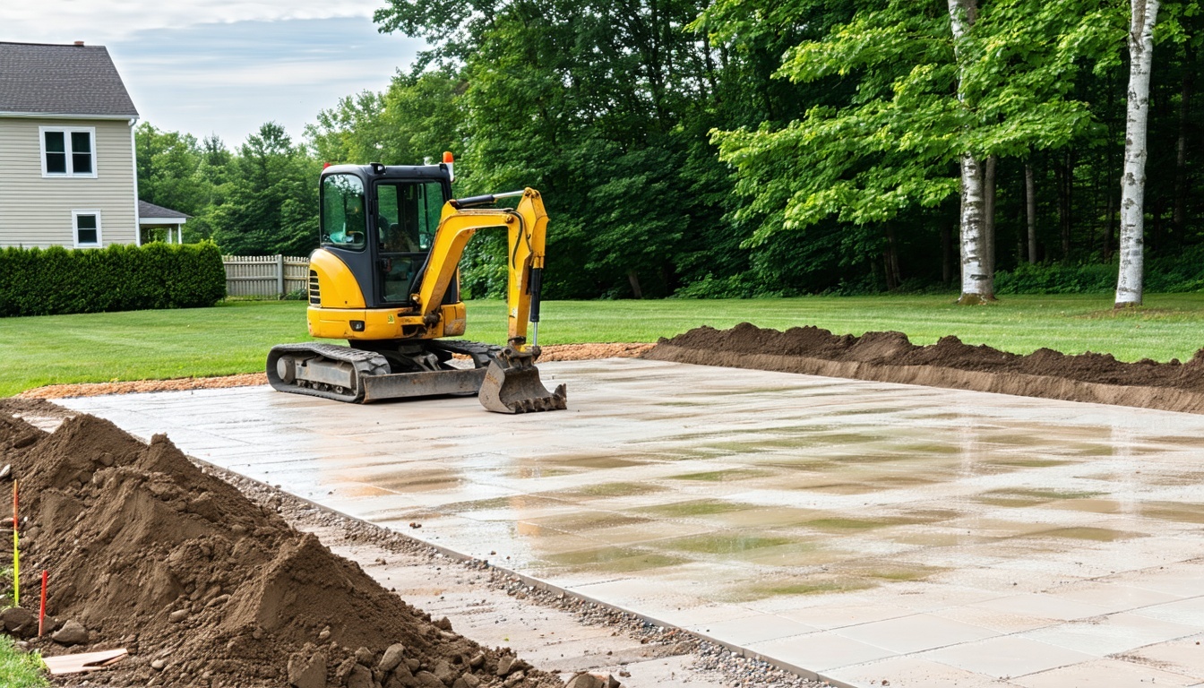 Excavation equipment preparing ground for a new patio